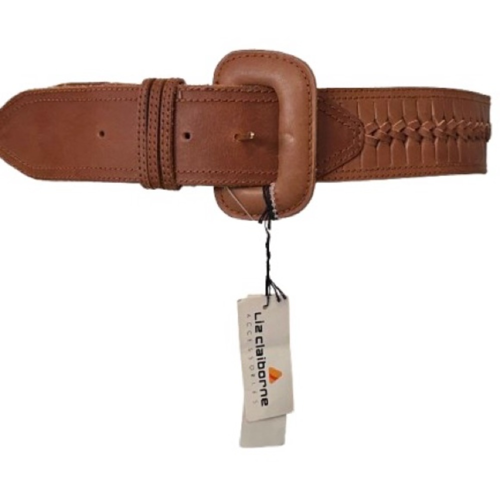 NWT VINTAGE LEATHER BELT LIZ CLAIBORNE LG BROWN TAN WESTERN SADDLE BRAIDED WIDE